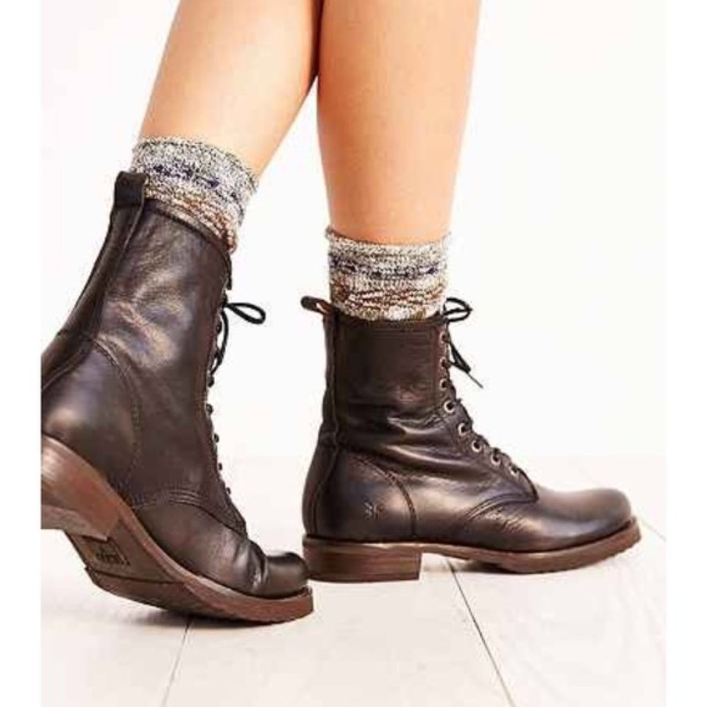 Frye Veronica Combat Black Leather Lace Up Boots - Picture 7 of 16